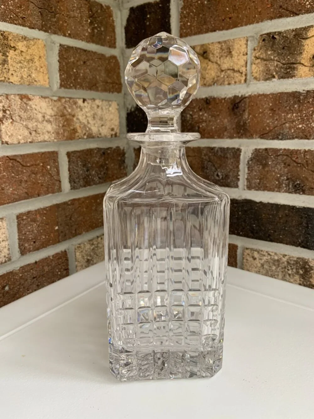 Tiffany & Co Plaid Lead Crystal Whiskey Decanter w Stopper Sticker Signed 10”